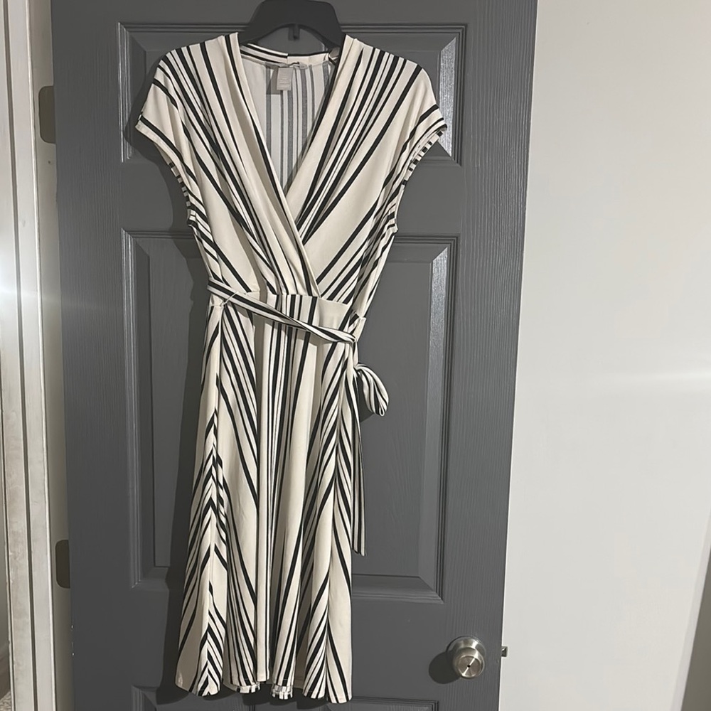 Cute Black and Cream Striped Wrap Dress